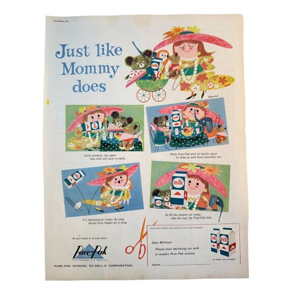 Vintage 1960 Pure-Pak Milk Cartons Food Advertisement Print Ad - Picture 1 of 3
